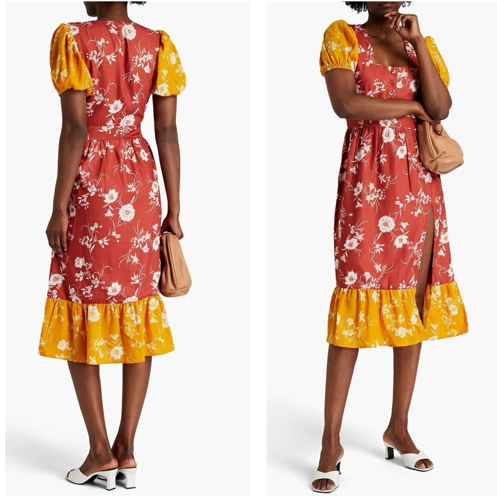 Walter Baker Cara Floral Print Farmhouse Crepe de Chine Midi Dress Size XS